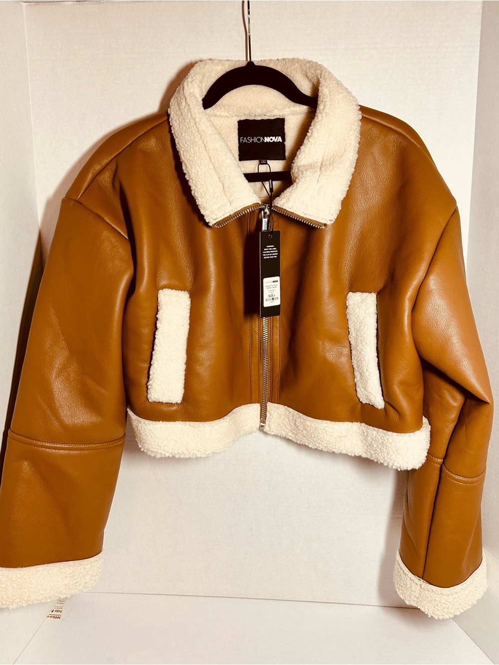 Fashion Nova Camel Faux-Leather Sherpa Crop Jacket Size L NWT p-p 23” s-h 16”